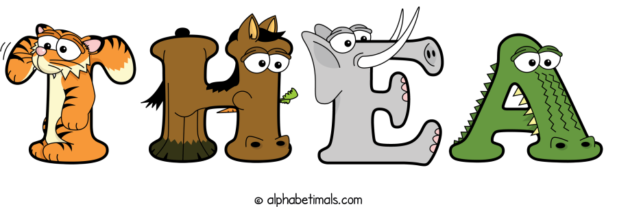 Thea animal word art spelling Thea with Alphabetimals - cartoon alphabet animals