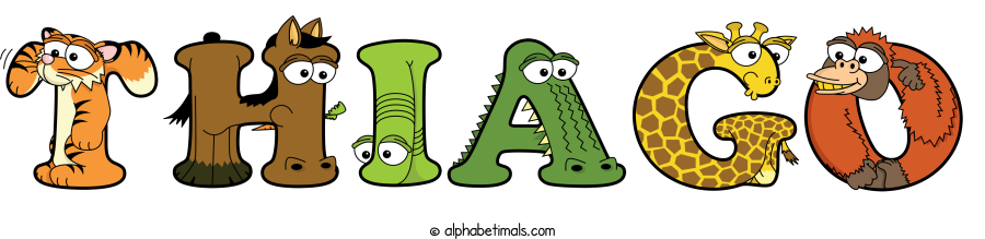 Thiago animal word art spelling Thiago with Alphabetimals - cartoon alphabet animals