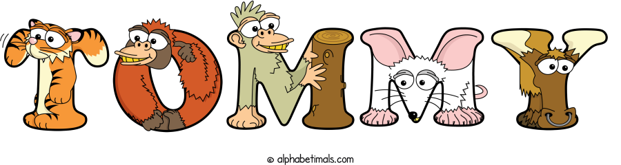 Tommy animal word art spelling Tommy with Alphabetimals - cartoon alphabet animals
