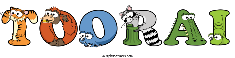 Toorai animal word art spelling Toorai with Alphabetimals - cartoon alphabet animals