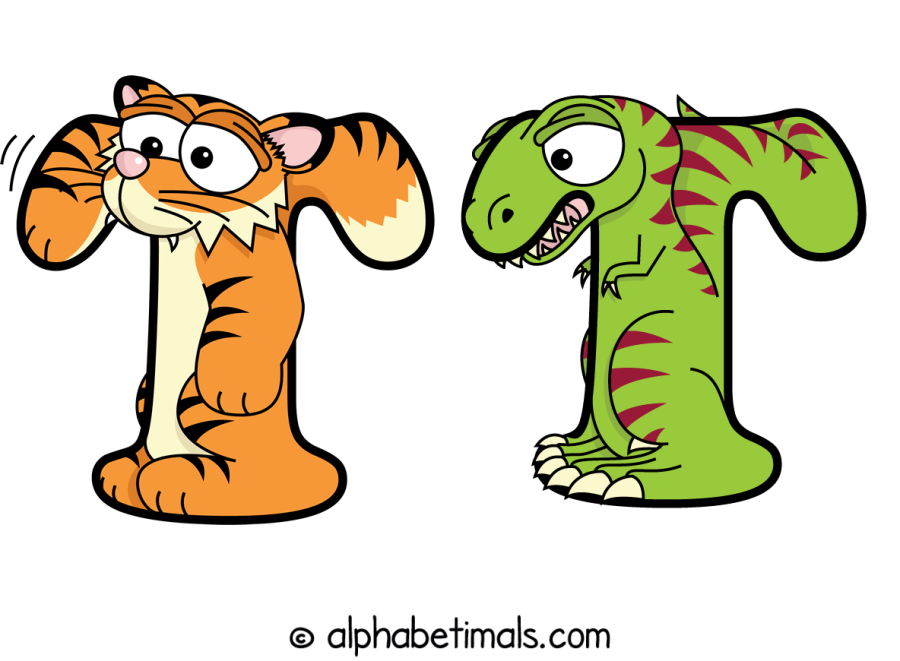 Tt animal word art spelling Tt with Alphabetimals - cartoon alphabet animals