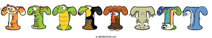 Tttttttt animal word art spelling Tttttttt with Alphabetimals - cartoon alphabet animals