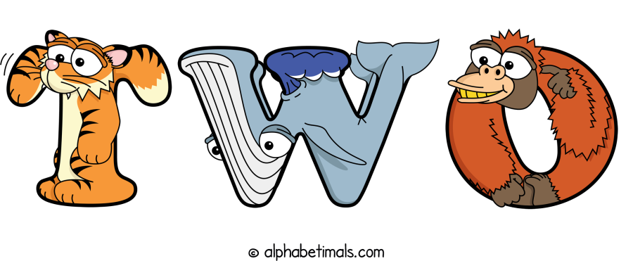 Two animal word art spelling Two with Alphabetimals - cartoon alphabet animals