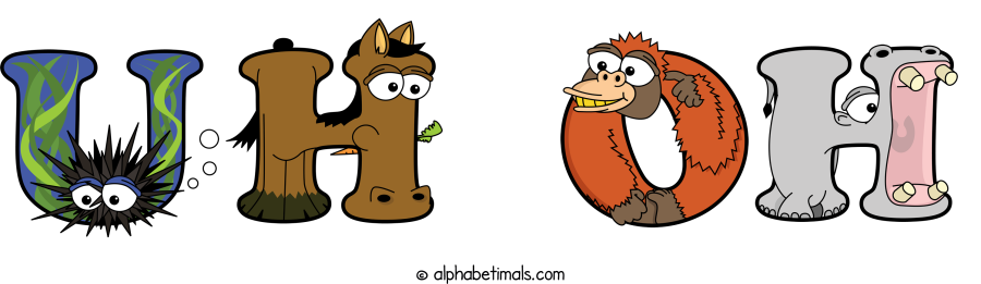 Uh Oh animal word art spelling Uh Oh with Alphabetimals - cartoon alphabet animals