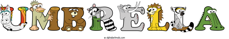 Umbrella animal word art spelling Umbrella with Alphabetimals - cartoon alphabet animals