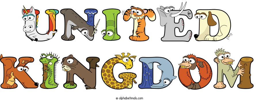 United Kingdom animal word art spelling United Kingdom with Alphabetimals - cartoon alphabet animals