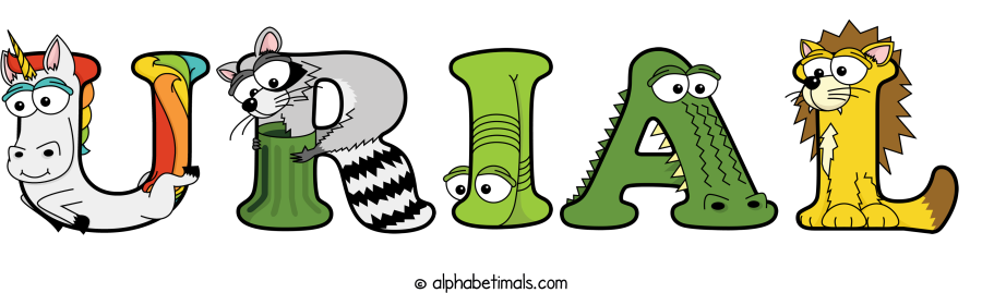 Urial animal word art spelling Urial with Alphabetimals - cartoon alphabet animals