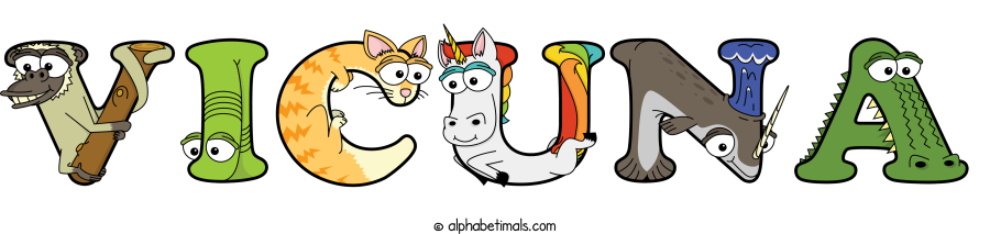 Vicuna animal word art spelling Vicuna with Alphabetimals - cartoon alphabet animals