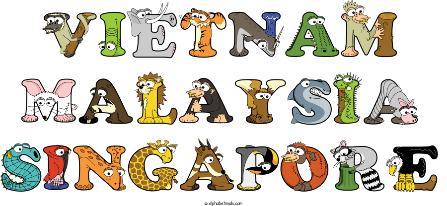 Vietnam Malaysia Singapore animal word art spelling Vietnam Malaysia Singapore with Alphabetimals - cartoon alphabet animals