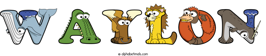 Waylon animal word art spelling Waylon with Alphabetimals - cartoon alphabet animals