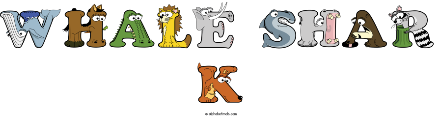 Whale Shar K animal word art spelling Whale Shar K with Alphabetimals - cartoon alphabet animals
