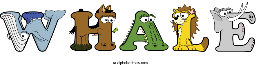 Whale animal word art spelling Whale with Alphabetimals - cartoon alphabet animals