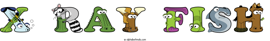 X Ray Fish animal word art spelling X Ray Fish with Alphabetimals - cartoon alphabet animals