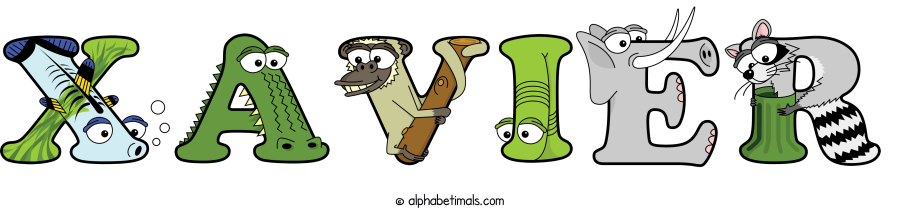 Xavier animal word art spelling Xavier with Alphabetimals - cartoon alphabet animals