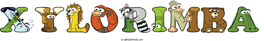 Xylorimba animal word art spelling Xylorimba with Alphabetimals - cartoon alphabet animals