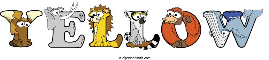 Yellow animal word art spelling Yellow with Alphabetimals - cartoon alphabet animals