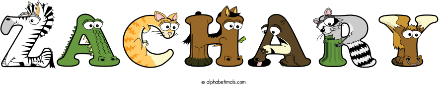 Zachary animal word art spelling Zachary with Alphabetimals - cartoon alphabet animals