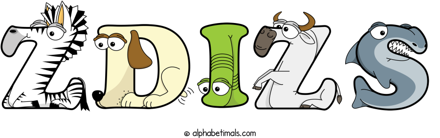 Zdizs animal word art spelling Zdizs with Alphabetimals - cartoon alphabet animals