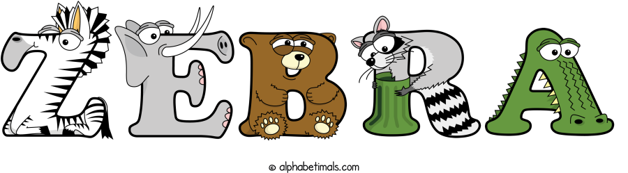 Zebra animal word art spelling Zebra with Alphabetimals - cartoon alphabet animals