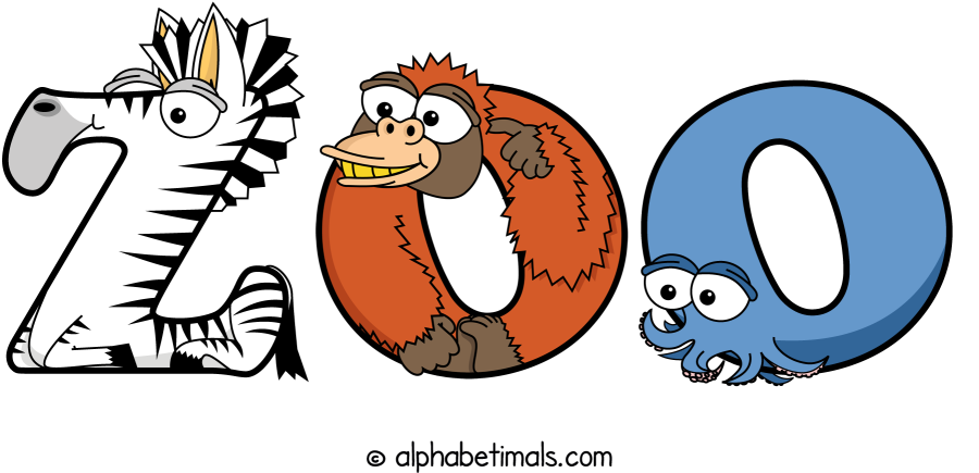 Zoo animal word art spelling Zoo with Alphabetimals - cartoon alphabet animals