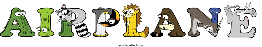 Airplane animal word art spelling Airplane with Alphabetimals - cartoon alphabet animals