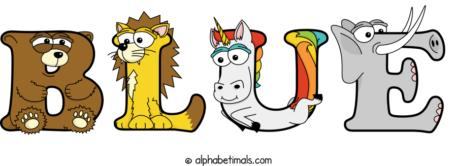 Blue animal word art spelling Blue with Alphabetimals - cartoon alphabet animals