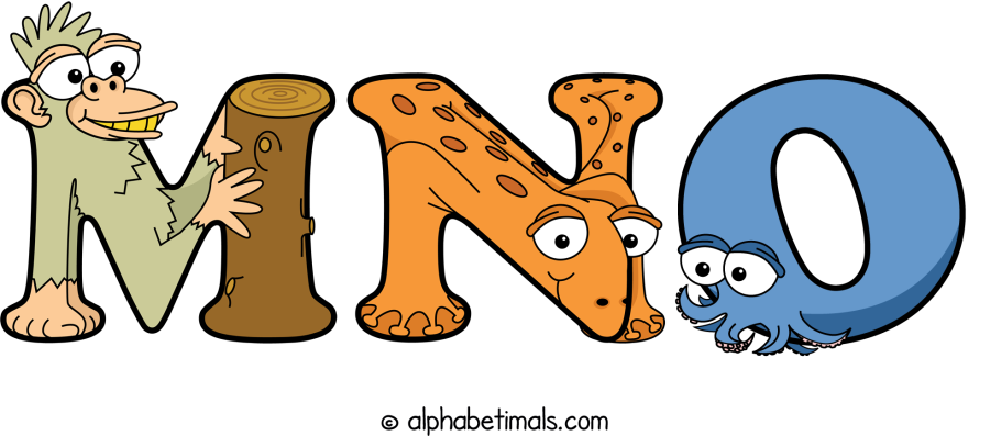 Mno animal word art spelling Mno with Alphabetimals - cartoon alphabet animals