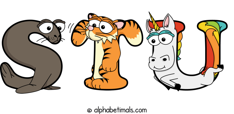 Stu animal word art spelling Stu with Alphabetimals - cartoon alphabet animals