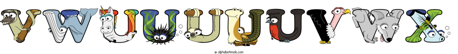 Vwuuuuuvwx animal word art spelling Vwuuuuuvwx with Alphabetimals - cartoon alphabet animals